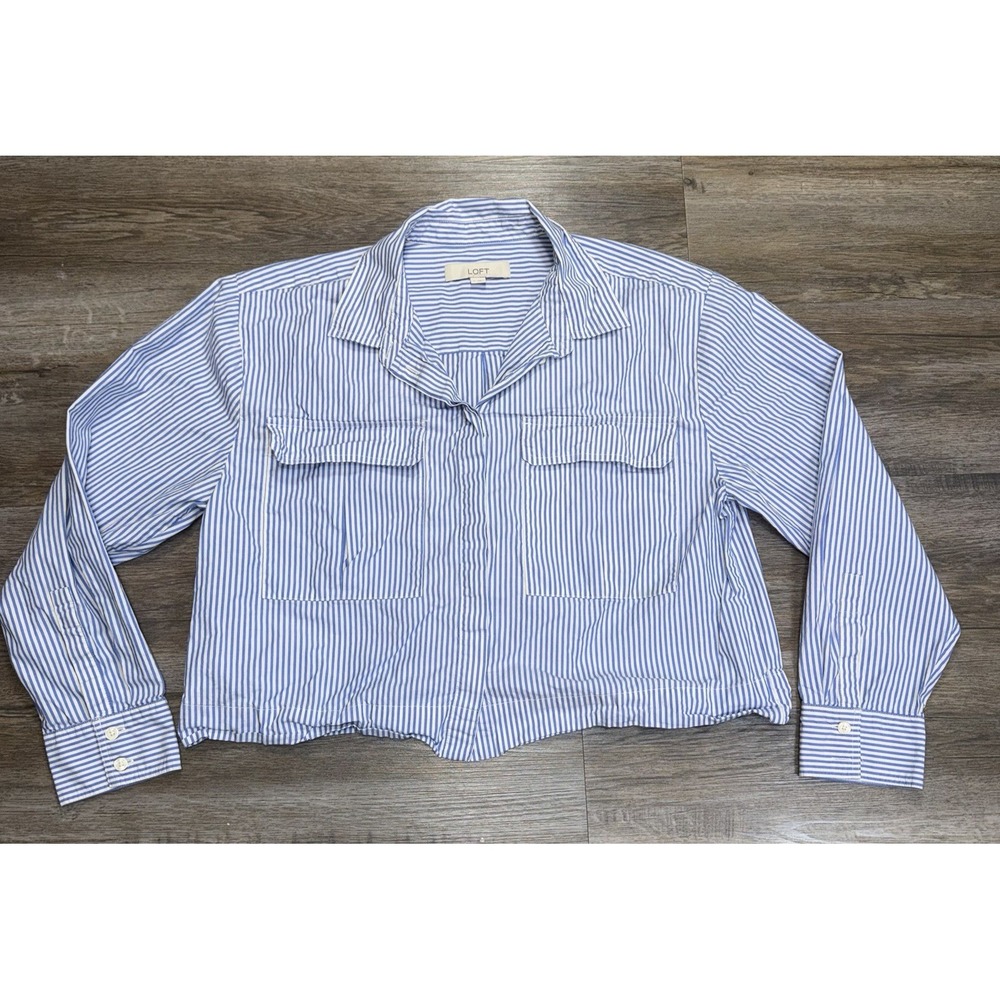 LOFT Blue White Striped Cropped Button-Up Utility Shirt Womens M Dual Pockets